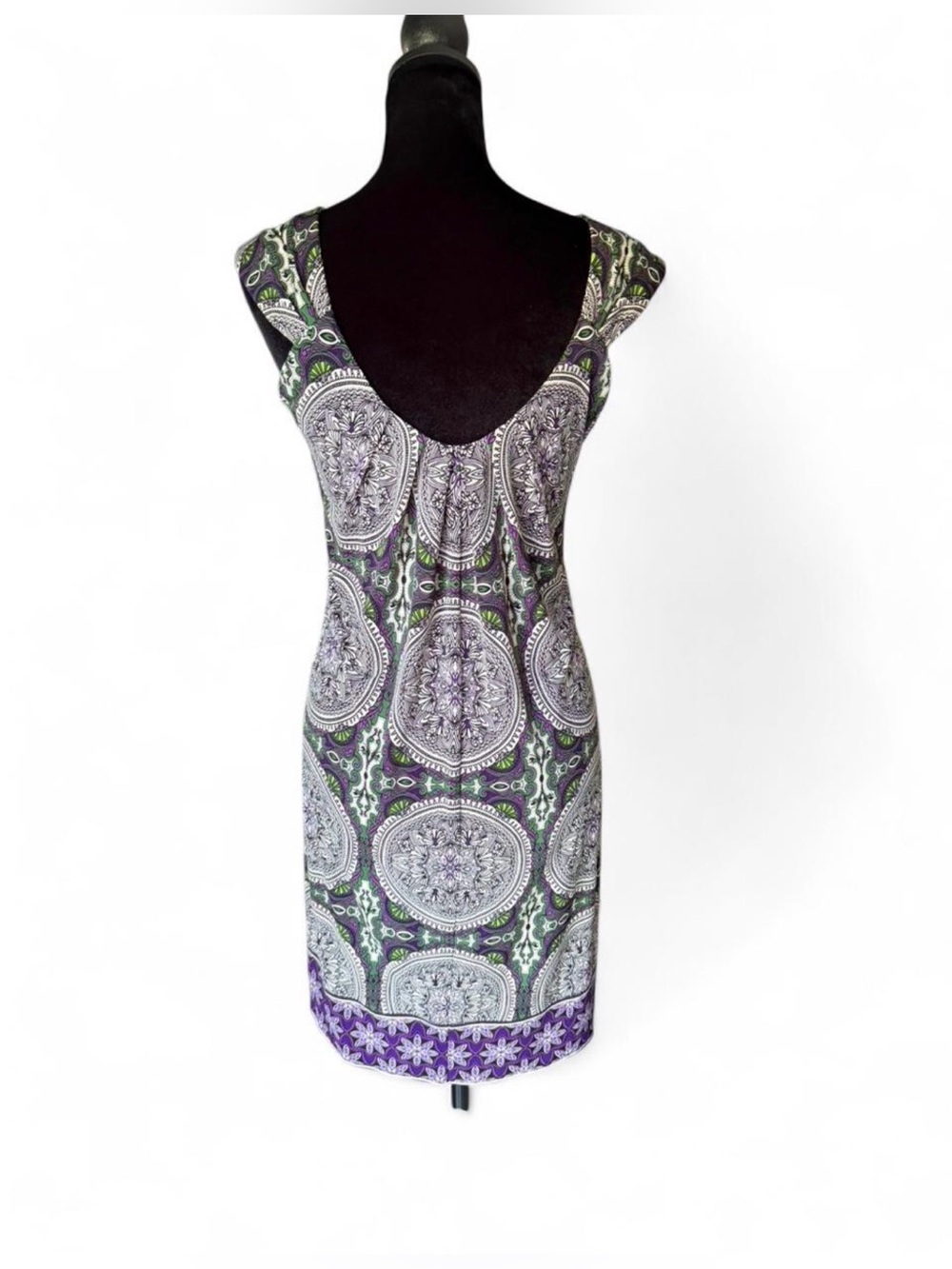 London Times Size 8 Medallion Print Sheath Dress Built-In lined Bra Purple Green - Picture 4 of 6